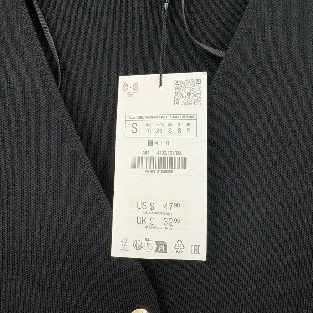 Zara Black Knit Top Oversized Structured 2 Gold Button V Neck NWT Size Small - Picture 7 of 9